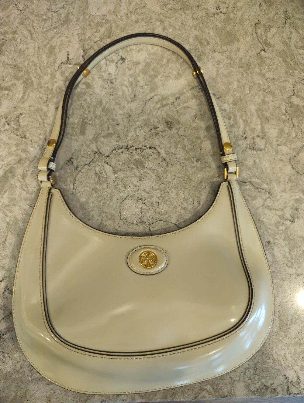 Tory Burch Robinson Convertible Spazzolato Crescent Bag Purse - Off White